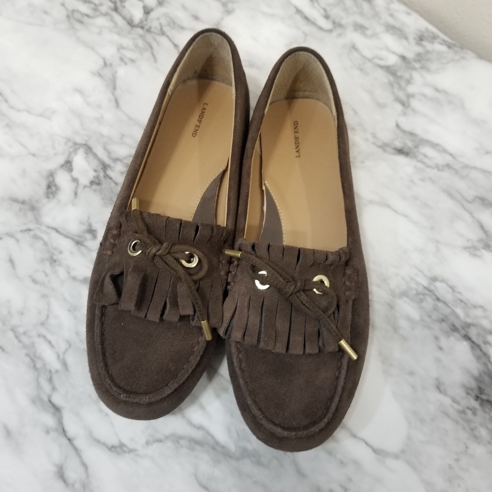 Lands End Suede Brown Fringe Loafers, Flats